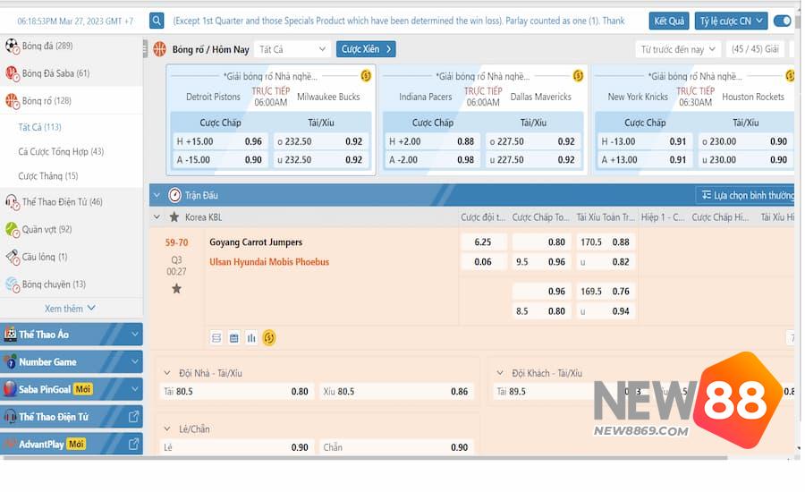 Giới thiệu sảnh chơi cá cược bóng rổ New 88