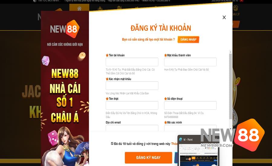 Giao diện đăng ký New88 nhanh chóng